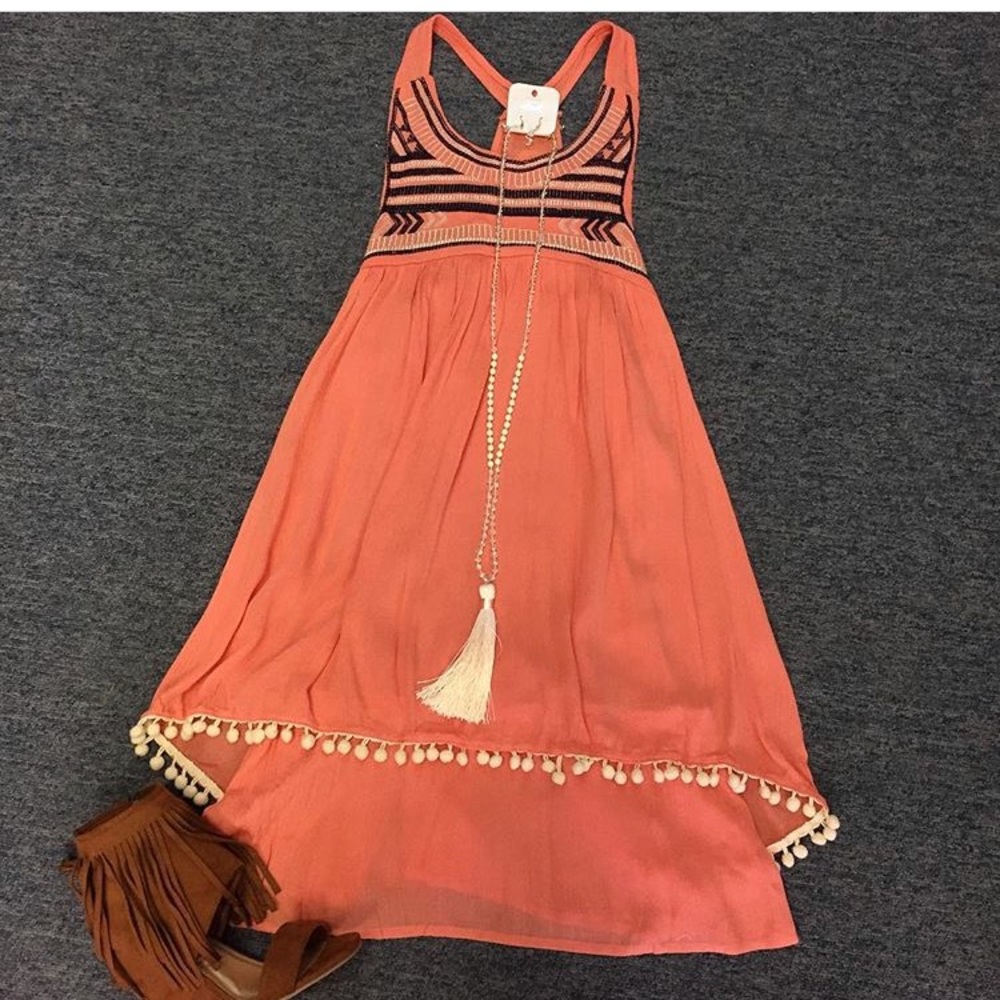 Coral Embroidered PomPom Dress